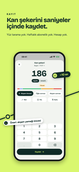 Kayıt ekranı: 186 mg/dL değeri ve önerilen bağlam