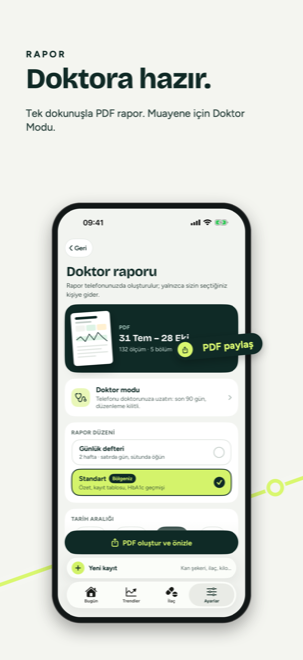 Rapor ekranı: doktora hazır PDF rapor